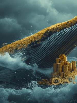 Lucid_Origin_A_giant_stylized_whale_composed_of_gold_coins_or__1